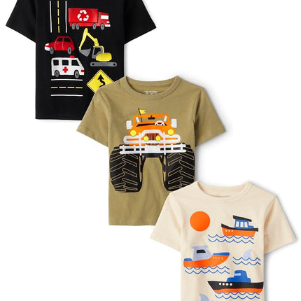 Ensemble de 3 grenouillères pour bébé garçon The Children's Place « Handsome But Trouble » avec véhicules/camions/bateaux, 18-24 mois