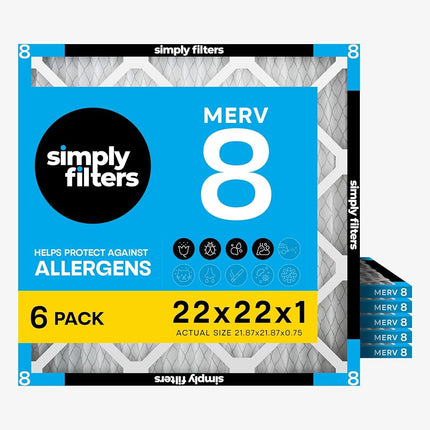 Simply by MervFilters, 22x22x1 Air Filter, MERV 8, MPR 600, AC Furnace Air Filter, 6 Pack