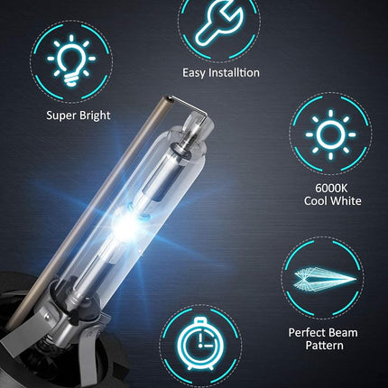 Nilight D2S HID Bulbs, 6000K Diamond White Xenon Replacement D2S HID Headlight Bulb,350% Lighting Distance Super Bright High for 12V Cars, IP67 Design with Metal Stents Base