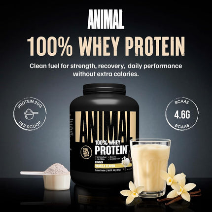 Animal Protein Powder 100% Whey - 4.6g BCAA - Only 1g Added Sugar, No Artificial Colors, Sports Nutrition Concentrate-Isolate Blend - Recovery Supplement and Post Workout Shake - Vanilla - 4lb