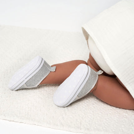 Gerber Unisex-Child Newborn Infant Toddler Boy and Girl Slip-on Sneaker Crib Shoe, Silver Glitter, 0-3 Months Infant