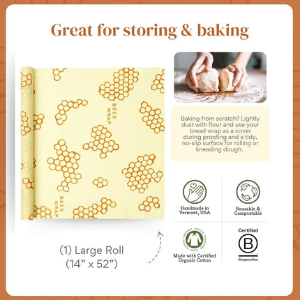 Bee's Wrap - XXL Roll 14" x 52"- Made in The USA with Certified Organic Cotton - Plastic and Silicone Free - Reusable Eco-Friendly Beeswax Food Wrap - Honeycomb Print