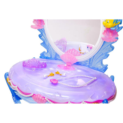 Disney Princess Ariel Vanity for Girls with Lights & Sounds, Plays Under The Sea - Magical Light Up Effect Looks Just Like Water! Pretend Play Girls Vanity Set with Mirror and Stool