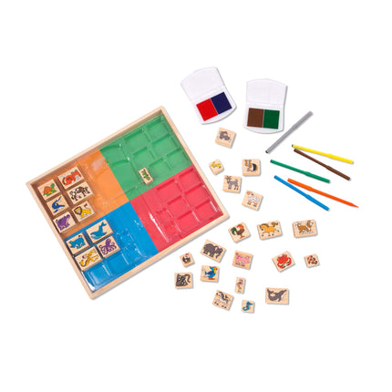 Melissa & Doug Juego de sellos de madera de lujo: animales - 30 sellos, 6 marcadores, 2 almohadillas de tinta