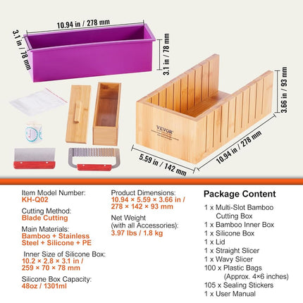 VEVOR Soap Making Kit, Bamboo Cutting Box and Inner Box with Silicone Mold, Stainless Steel Straight Cutter and Wavy Cutter, 100 Bags and 105 Stickers, Soap Making Supplies DIY Kits for Adults