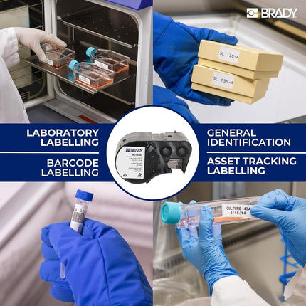 Etiquetas criogénicas de poliéster ultrafinas Brady para laboratorio para impresoras M510 y M511 - Tapa de viales para tubos de ensayo, viales, pipetas de paja - Negro sobre blanco (25.40 x 9.53 mm, 9.53 mm Ø) - M5-118-492