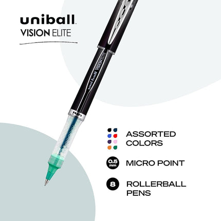 uniball Vision Elite Roller Ball Pen, Stick, Micro 0.5 Mm, Assorted Ink Colors, Black Barrel