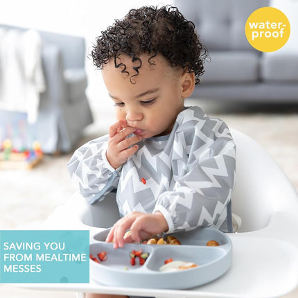 Bumkins Sleeved Bib, Handy Tie Closure for Custom Fit, Catch-All Pocket, Baby-Led Weaning, Waterproof, Machine Washable, Stain & Odour Resistant, BPA Free, 6-24 Months, Grey Chevron Design