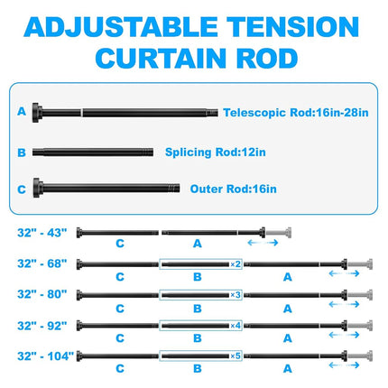 TEECK Shower Curtain Rod, 32-68 inch Adjustable Spring Tension Curtain Rod, Never Rust Anti-Slip Shower Curtain Rod for Bathroom, No Drilling, Never Collapse, Easy to Use, Black