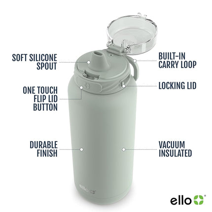 Bouteille d'eau en acier inoxydable Ello Cooper de 1,2 L avec paille et poignée de transport, en métal à double paroi et isolation sous vide, couvercle verrouillable étanche avec bec en silicone souple, réutilisable, sans BPA, sauge