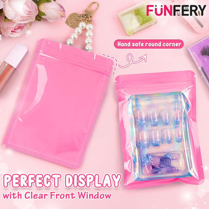 Funfery 100 Pack Resealable Bags Clear Holographic Bags,Smell Proof Packaging Baggies,Mylar Food Storage Bag,Zipper Sealing Pouch for Coffee Beans,Cookies,Jewelry Sample Small Business(Pink,7x10in)