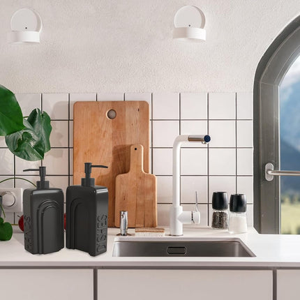 Karisky Ceramic Soap Dispenser Set, 2 Pack Kitchen Soap Dispenser with Funnel, Non-Slip Silicone Pads, Liquid Hand Soap and Dish Soap Dispenser for Kitchen, Bathroom, Matte Black