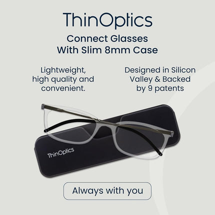 ThinOptics Reading Glasses 1.50, Clear, Case, for Men and Women, Foldable
