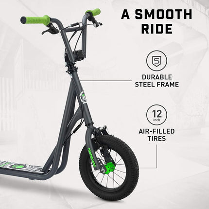 Mongoose Expo Kick Scooter, BMX-Style Handlebar & Brake Cable Rotor, for Riders Ages 6 and Up, Rear Axle Pegs, 12-Inch Air Tires, Max. Weight of 175 lbs., Green/Grey