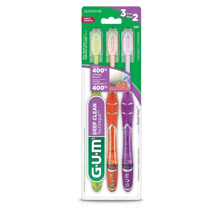 GUM Technique Deep Clean Toothbrush with Quad-Grip Handle, Compact Head & Soft Bristles, 3 Count, Multicoloured