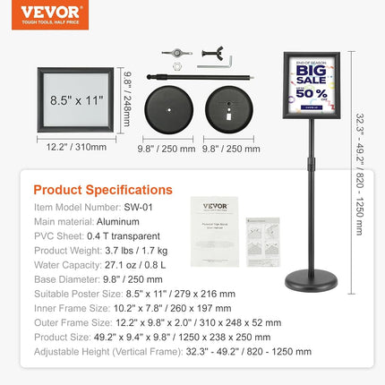 VEVOR Pedestal Sign Holder, 8.5 x 11 Inch Vertical and Horizontal Adjustable Poster Stand, Heavy-Duty Floor Standing Sign Holder with Round Base for Display, Advertisement, and Outdoor, Black