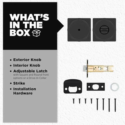 Kwikset Maven Interior Privacy Door Knob with Lock, Square Door Handle for Bathroom and Bedroom, Matte Black Keyless Turn Lock Doorknob, with Microban Protection