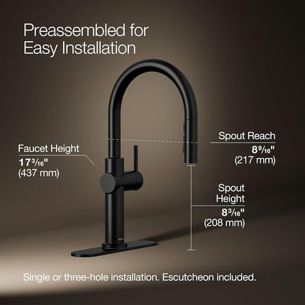 Kohler 22972-BL Crue Kitchen Sink Faucet with Pull Down Sprayer, Matte Black