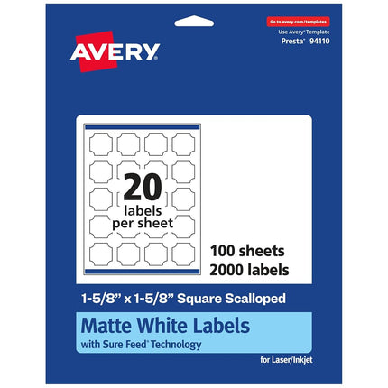 Etiquetas cuadradas festoneadas Avery de color blanco mate con Sure Feed, 1-5/8" x 1-5/8", 2,000 etiquetas imprimibles de color blanco mate