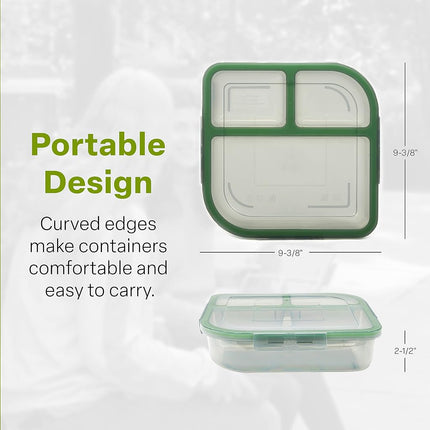 MyGo Container Large To-Go 3-Compartment Food Container, 9-3/8" X 9-3/8" X 2-1/2", Reusable, Microwave Safe, NSF Certified, Smoke/Green