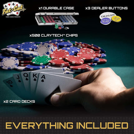 Fat Cat by GLD Products 11.5 Gram Texas Hold 'em Claytec Poker Chip Set with Aluminum Case, 500 Striped Dice Chips, 24.25 Inch