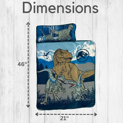 Alfombra para siesta para niños pequeños de Jurassic World de 24"(An) x 45"(L) con almohada y manta, perfecta para preescolar, guardería y viajes (producto 100% oficial con licencia)