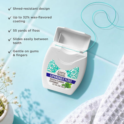 GuruNanda Expandable Waxed Dental Floss for Gentle, Deep Cleaning Wide Teeth Flossing - Peppermint Flavor - 55 Yards