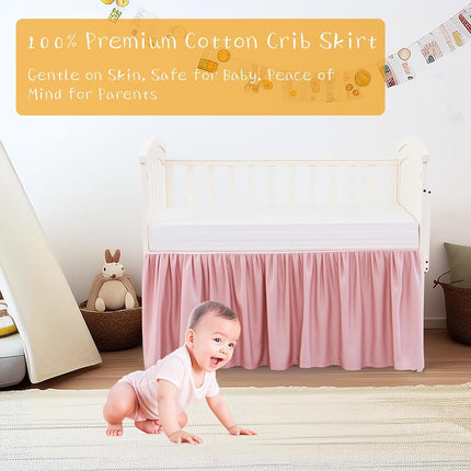 Crib Skirt Pink 400 Thread Count Cotton Crib Dust Ruffle for Baby Girls and Boys, Soft and Breathable Crib Bed Skirt with 14" Drop