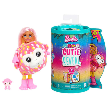 Barbie Small Dolls and Accessories, Cutie Reveal Chelsea Doll with Monkey Plush Costume & 7 Surprises Including Color Change, Jungle Series, HKR14