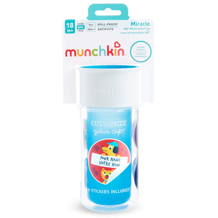 Vaso con aislamiento Miracle 360 de Munchkin, incluye pegatinas para personalizar el vaso, 255 ml, azul