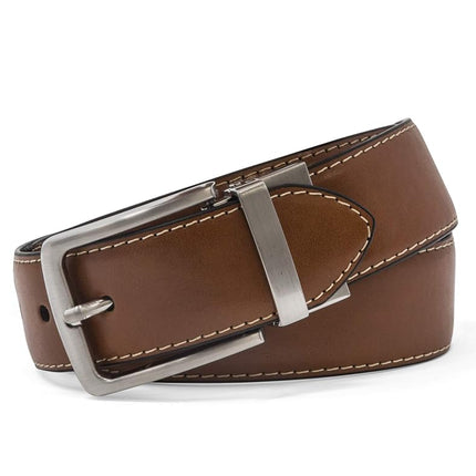 Steve Madden Men's Dress Casual Every Day Leather Belt, Cognac/Black (Feather Edge), 48