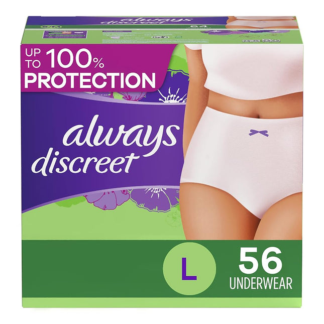 Always Discreet Adult Incontinence & Postpartum Incontinence Underwear for Women, Large, Maximum Protection, Disposable, 28 Count x 2 Pack (56 Count Total) (Packaging May Vary)