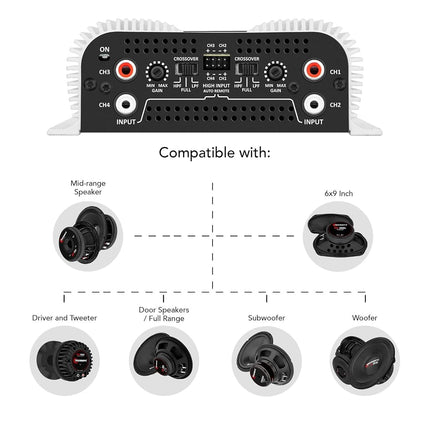 Taramp's DS 440x4 440 Watts RMS 4 Channels 2 Ohms Amplifier Multichannel Class D Full Range, Crossover High/Low Pass Bridgedable, Aluminium, RCA, Car Show Power System