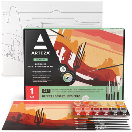 ARTEZA Peinture par Numéros pour Adultes, 30 x 40 cm, 21 Pièces, Kit de Peinture par Numéros Désert, Comprend 1 Toile, 12 Pots de Peinture Acrylique, 5 Pinceaux, Fournitures Artistiques pour la Décoration Murale à la Maison et au Bureau