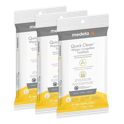 Lingettes Medela Quick Clean pour tire-lait et accessoires, 90 unités, 3 paquets de 30 unités, refermables, nettoyage pratique et hygiénique en déplacement pour les tables, les comptoirs, les chaises et plus encore