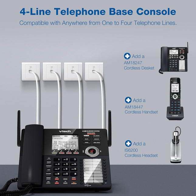 VTech AM18447 Main Console 4-Line Small Business Phone System - Expandable to 10 Stations, Digital Answering Machine, Auto Attendant, Intercom & Custom Music on Hold, Black