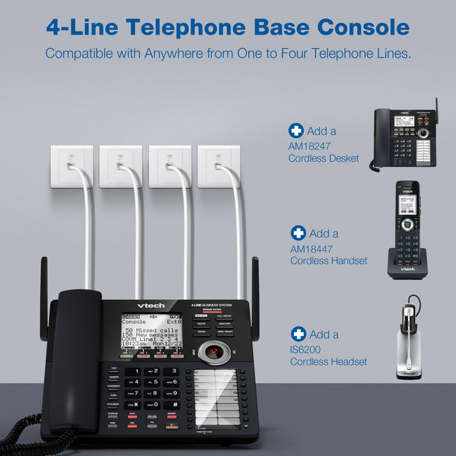 Console principale VTech AM18447 Système téléphonique 4 lignes pour petites entreprises - Extensible à 10 postes, répondeur numérique, standard automatique, interphone et musique d'attente personnalisée, Noir