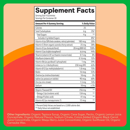 SmartyPants Organic Kids Multivitamin Gummies: Omega 3 (ALA), Vitamin D3, C, Vitamin B12, B6, A, K & Zinc for Immune Support, Biotin, Vegetarian, Three Fruit Flavors, 120 Count (30 Day Supply)