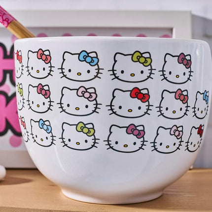 Silver Buffalo Hello Kitty Faces and Bows Ceramic Ramen Bowl with Chopsticks, 20 Ounces
