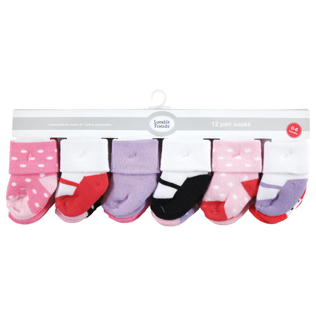 Luvable Friends Baby Girls Unisex Newborn Terry Socks, Coral Lilac Mary Janes, 6-12 Months, (Pack of 12)