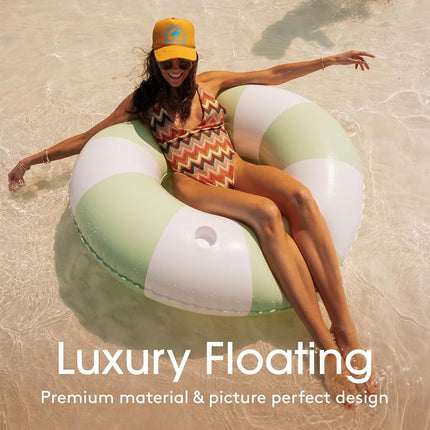 FUNBOY Giant Vintage Sage Green Stripe 48'' Tube Float with Integrated Cup Holder, Perfect for a Summer Pool Party, Large