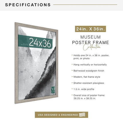 MCS Museum Poster Frame 24x36 Barnwood, Vertical & Horizontal Wall Hanging Large Picture Frame for Photos, Posters & Art Prints (1-Pack)