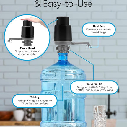 Brio-PU100 Universal Manual Drinking Water Pump - Fits Most 5-6 Gallon Water Bottles Including Glass (Grey/Black)