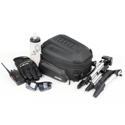 Rhinowalk Motorcycle Tail Bag Expandable Hard Shell Motorcycle Travel Luggage 12L-18L Waterproof All Weather/Trunk/Rack Bag with Sissy Bar Straps - Matt Black