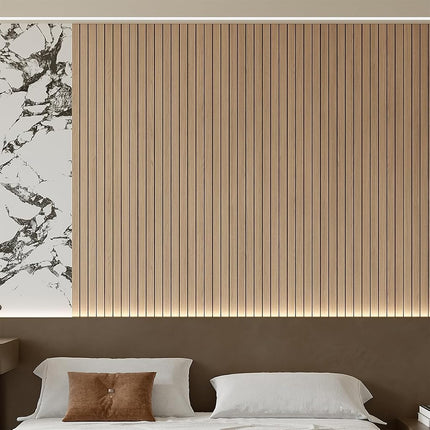 Yutianli PVC Slat Wall Panel Peel and Stick 118"x 15.7" Faux Wood Slat Panel Artificial Oak Wood Grain Self-Adhesive Soundproof 3D Wall Panel for Walls and Ceilings