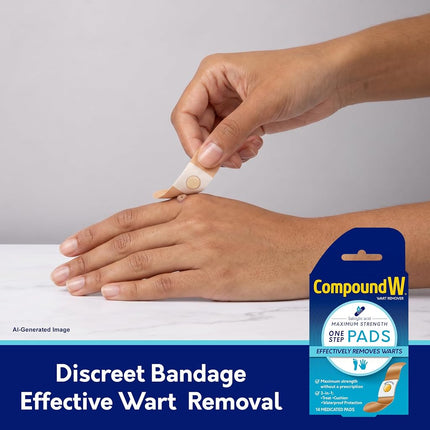 Compound W Wart Remover One Step Pads - Maximum Strength - Waterproof, Medicated, Self-Adhesive Pads Conceal and Protect Common and Plantar Warts While Treating them with Salicylic Acid - 14 Count