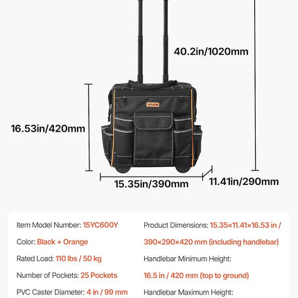 VEVOR Rolling Tool Bag, 110 lbs Load Capacity, 25 Pockets Heavy Duty Roller Tool Bag on Wheels, Adjustable Telescoping Handle & Stable Base, Toolbag Organizers with Wheels for Construction, Mechanic