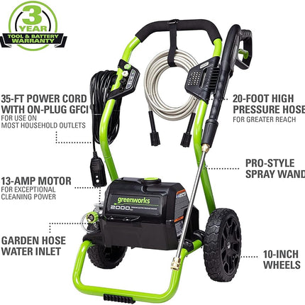Greenworks 2000 PSI (13 Amp) Electric Pressure Washer (Wheels for Transport / 20 FT Hose / 35 FT Power Cord) Great for Cars, Fences, Patios, Driveways