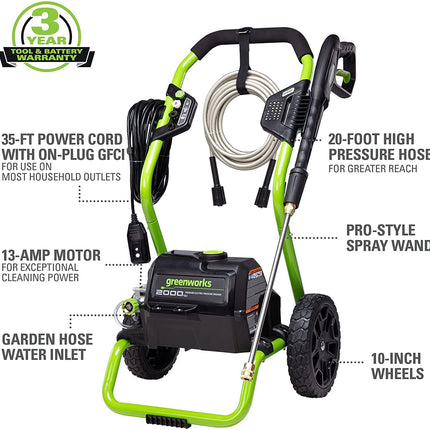 Greenworks Lavadora a presión eléctrica de 2000 PSI (13 amperios) (ruedas para transporte / manguera de 20 pies / cable de alimentación de 35 pies) Ideal para automóviles, cercas, patios, entradas de vehículos