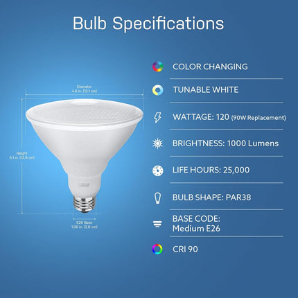 Feit Electric PAR38/RGBW/CA/AG 90 Watt Equiv, 2.4 GHz WiFi Only, No Hub Required, Color Changing and Tunable White